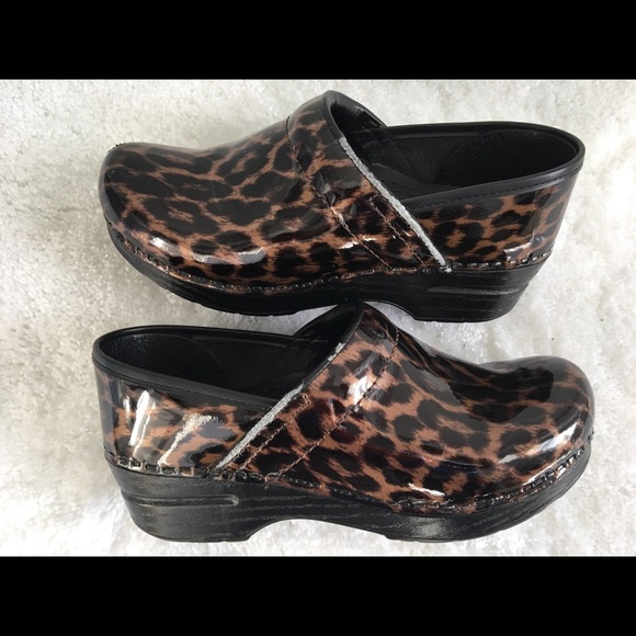 dansko patent leopard clogs